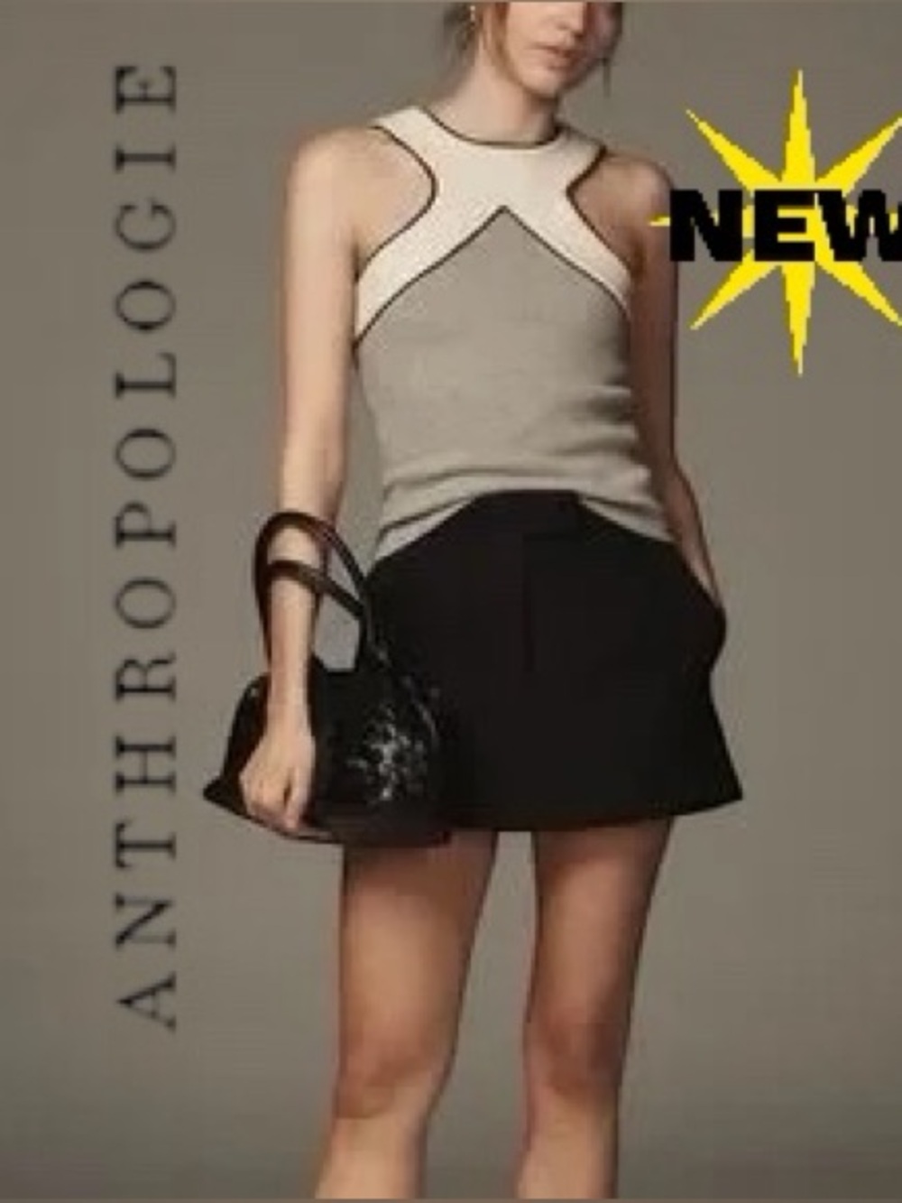 NWT Maeve for Anthropologie sleeveless top gray white with black trim criscross